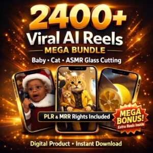 باقة 2400+ ريلز AI ميجا | بيبي + قطط + ASMR تقطيع زجاج | PLR + MRR - صورة 1
